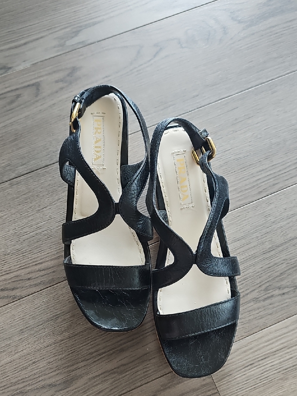Prada Black Leather Curved-Strap Slingback Sandals